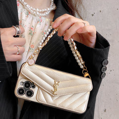 Leather Pearl Hand Strap Card Holder Case